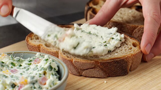 Spreading Creamy Herb Cheese Spread on Sourdough Bread.
