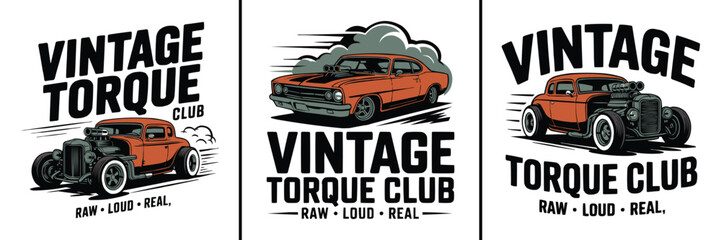 Obraz premium Three vintage torque club logo designs featuring classic hot rod cars