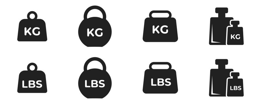 Kilogram weight icon. Weight icons. Kettlebell symbol. Kg and Lbs icons. Vector illustration.