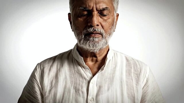 Elderly man finds inner peace. Senior gentleman practices tranquil meditation peacefully. Respected elderly individual from India demonstrates profound calmness via mindful contemplation sessions