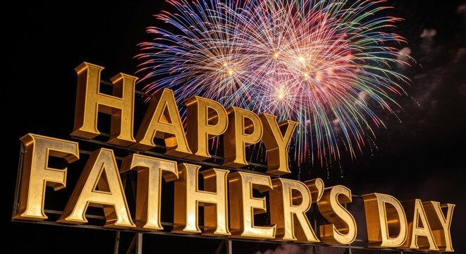 Glowing golden "happy father's day" sign with vibrant fireworks display letters text