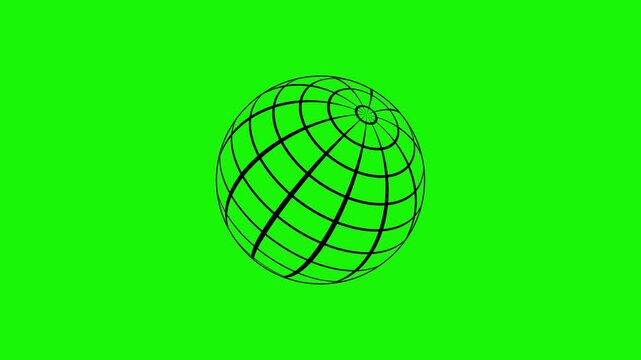 Abstract geometric wireframe sphere rotating on green background with glowing green lines and dots