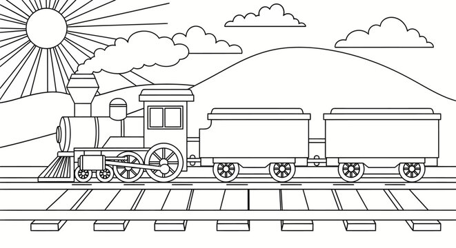 vintage steam train traveling on railroad tracks through sunny landscape for kids education