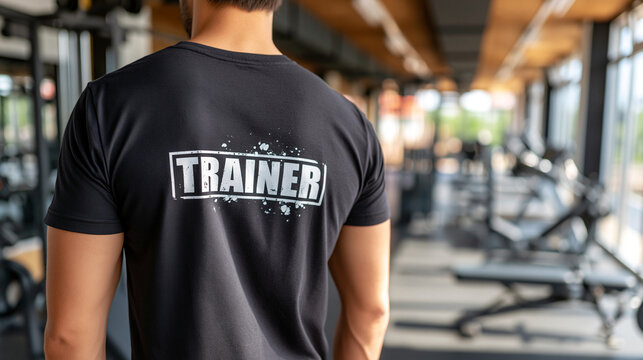 Man wearing a t-shirt with the word trainer printed on the back in a gym, t shirt