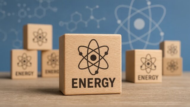 Wooden blocks with an atom symbol and the word 'ENERGY' on a desk, representing the concept of atomic or nuclear power and science.