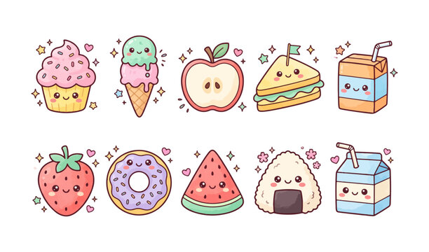 Kawaii Kindergarten Food and Snack Clipart Set Vol.4 - Cupcake, Ice Cream Cone, Apple, Sandwich, Juice Box, Strawberry, Donut, Watermelon, Onigiri, Milk Carton Pastel Kids Illustration Collection