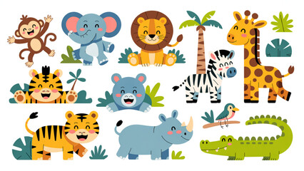 Playful Jungle Animal Characters Pack  Cute Safari Creatures in Fun Poses with Tropical Elements © MDMUNIRUJJAMAN