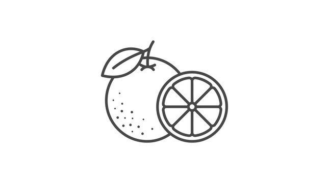 Simple line art illustration of a fresh whole orange fruit with a green leaf and a perfectly cut citrus slice on transparent background.