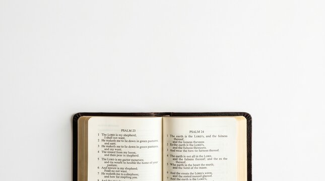 Direct overhead shot of an open Holy Bible with prominent scripture from Psalms 23 and 24, on a minimalist white surface.