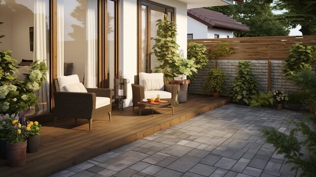 Cozy modern backyard patio with a wooden deck, wicker seating area, and lush potted plants