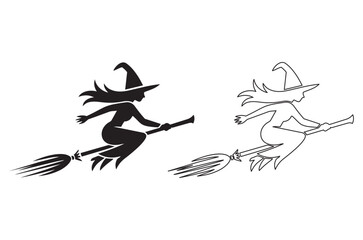 Fototapeta premium Witch Silhouette On Broomstick Black And White Line Art