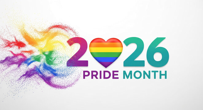 Colorful rainbow powder exploding and forming a heart shape, representing Pride Month and diversity, with numbers 2026 and text.
