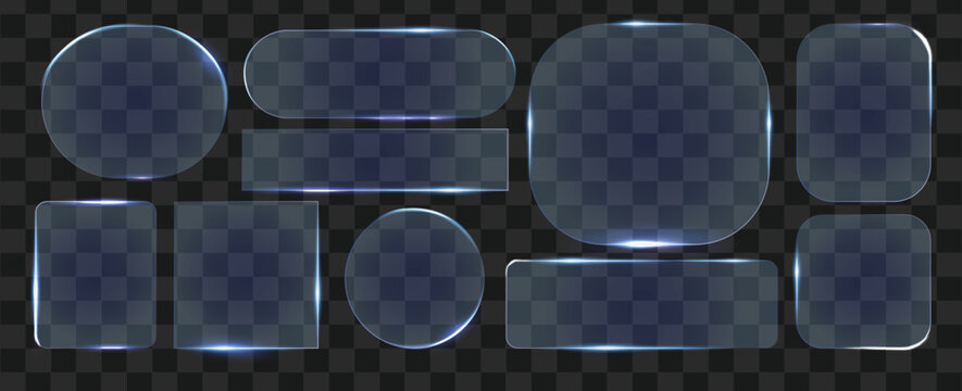 Liquid glass icon interface isolated on transparent background. Blue glass buttons light frame circle banner with glow stroke.