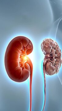 Chronic kidney disease progression illustrated with healthy and damaged kidney side by side highlighting impact on organ anatomy function medical health showing damaged versus healthy organ structure