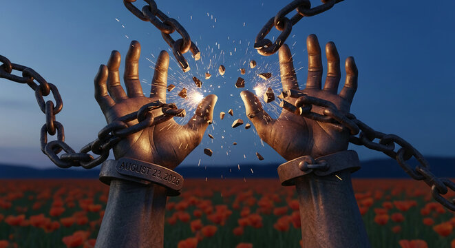 Stone hands breaking chains in a poppy field at dusk, symbolizing freedom and release, representing hope and new beginnings.