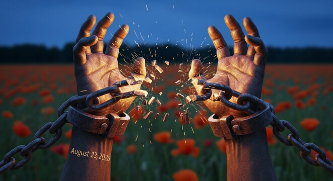 Hands breaking metal chains in a poppy field at dusk, symbolizing freedom, release, and overcoming obstacles, representing liberation and new beginnings.