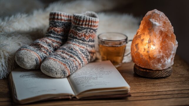 Cozy scene wool socks, warm drink, open book, and Himalayan salt lamp on a wooden surface with soft textures