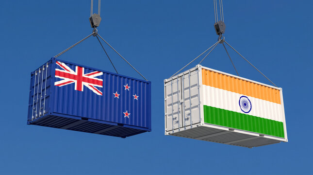 Shipping containers with India and New Zealand flags, international trade and bilateral logistics concept. 