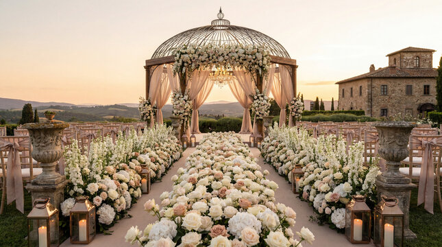 Romantic wedding aisle with white flowers and gazebo at sunset in Tuscany