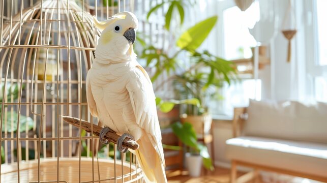 White pet parrot standing in a bright living room with houseplants and sunlight