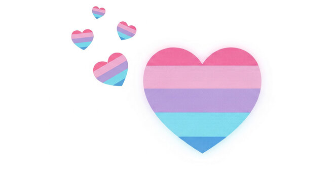 Striped hearts in pink, purple, and blue hues, symbolizing bisexuality and love, suitable for pride events or awareness campaigns.