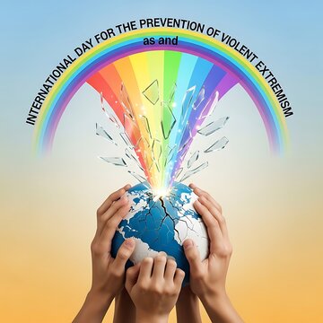 International Day for Prevention of Violent Extremism Hands Holding Globe Rainbow.