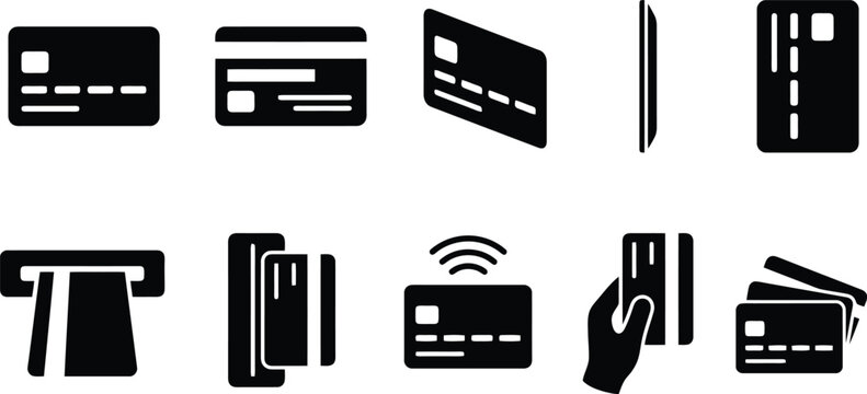 Collection of Black Silhouette Credit Card and ATM Icons on White Background debit card cash machine