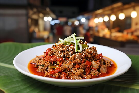 Southern Thai khua kling moo on a banana leaf at a night market