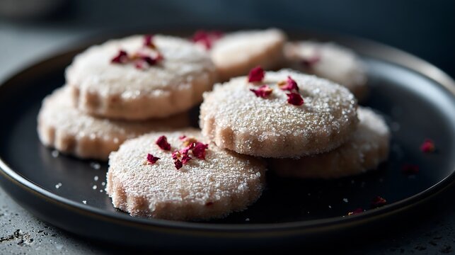 Rose water biscuits with sugar dusting and dried rose petals