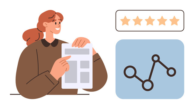 Business analytics, performance review, customer feedback, satisfaction rating, data analysis, career growth. Woman holding a report, graph element and star rating. Business analytics