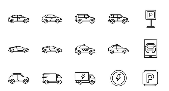 Black and white line icons of various cars and parking signs