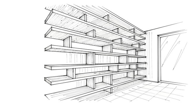 Architectural sketch of a modern wall-mounted shelving unit, illustrating contemporary interior design concepts for organized storage and aesthetic appeal