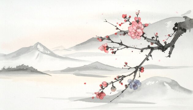 水墨画風の山と梅の花が咲く和風風景｜春 花 山 水彩 日本 伝統