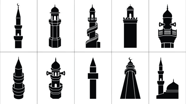 Collection of Black Silhouette Icons of Islamic Minarets and Towers mosque architecture
