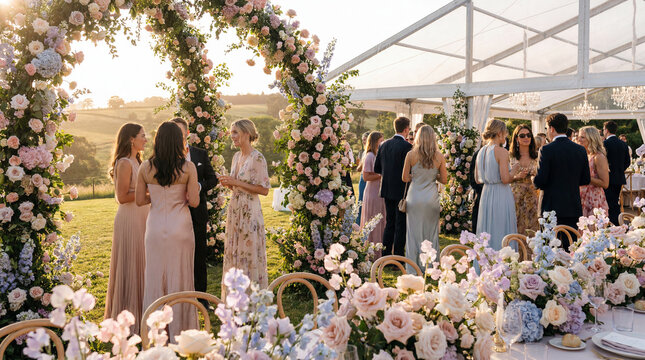 Outdoor wedding ceremony with guests standing under a floral archway in a lush green field at sunset.