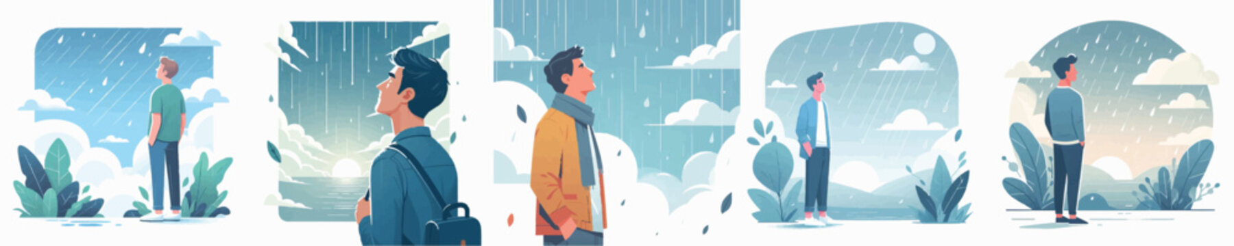 vector of man watch sky while rain