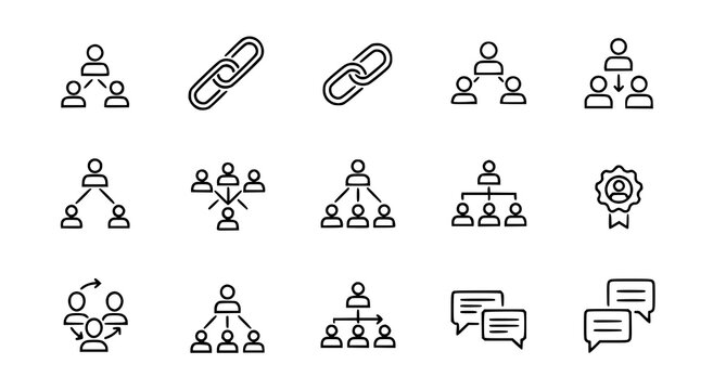 Collection of 14 line icons depicting various aspects of teamwork communication and organizational structure