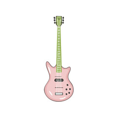 Naklejka premium A charming pastel pink electric bass guitar with a light green neck and fretboard isolated on a clean white background, a musical instrument.