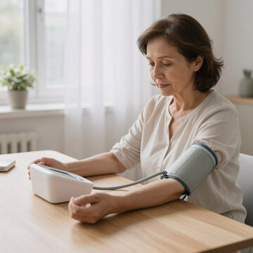 Elderly woman measuring blood pressure at home in bright room  