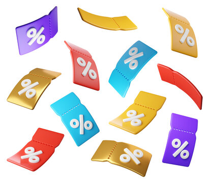 Set of colorful 3D discount tags with percent signs, isolated on background. Different coupon labels in yellow, gold, blue, red, and purple colors for promotion, sales, banners, advertising, websites,