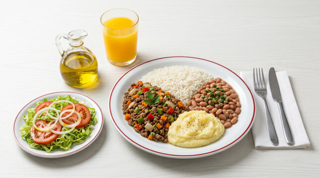 tradicional prato feito brasileiro com carne mo&iacute;da com legumes, arroz, feij&atilde;o, pur&ecirc; de batatas, salada fresca, azeite e suco de laranja em fundo de madeira branca