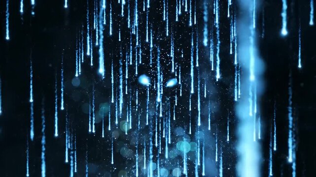 A mesmerizing cascade of neon blue light streaks resembling digital rain in motion