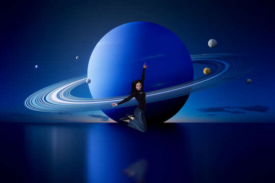 Jumping woman posing before giant 3D ringed planet in surreal cosmic scene