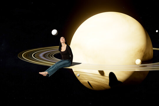Barefoot woman sitting on giant 3D ringed planet in surreal cosmic environment