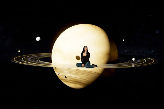 Woman seated on giant 3D ringed planet surrounded by moons in surreal outer space scene
