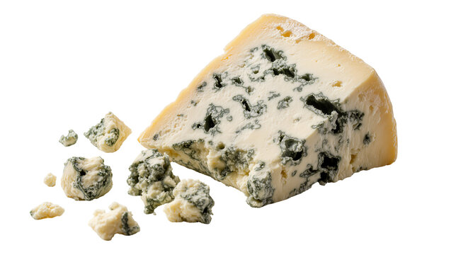 Wedge of blue cheese with scattered crumbles, isolated on transparent background