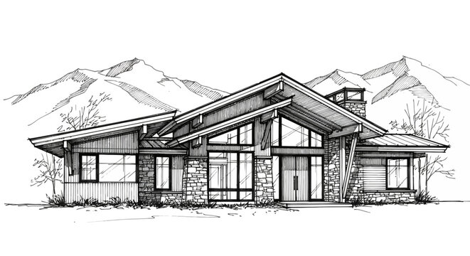 Detailed Vector Sketch of a Modern Mountain Home Architecture Concept for Downloadable Design Projects, featuring contemporary lodge style and scenic landscape with mountain backdrop