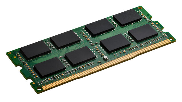 Green computer RAM module with black chips and gold connectors
