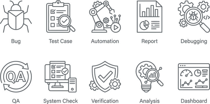 Software Development Icons: Bug, Test Case, Automation, QA, Debugging, Analysis