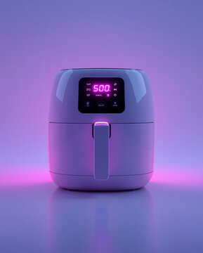 A clean, eye-level render of a white air fryer with a digital pink-lit control panel, surrounded by soft neon ambiance and subtle reflections, set against a calming violet-to-blue gradient.